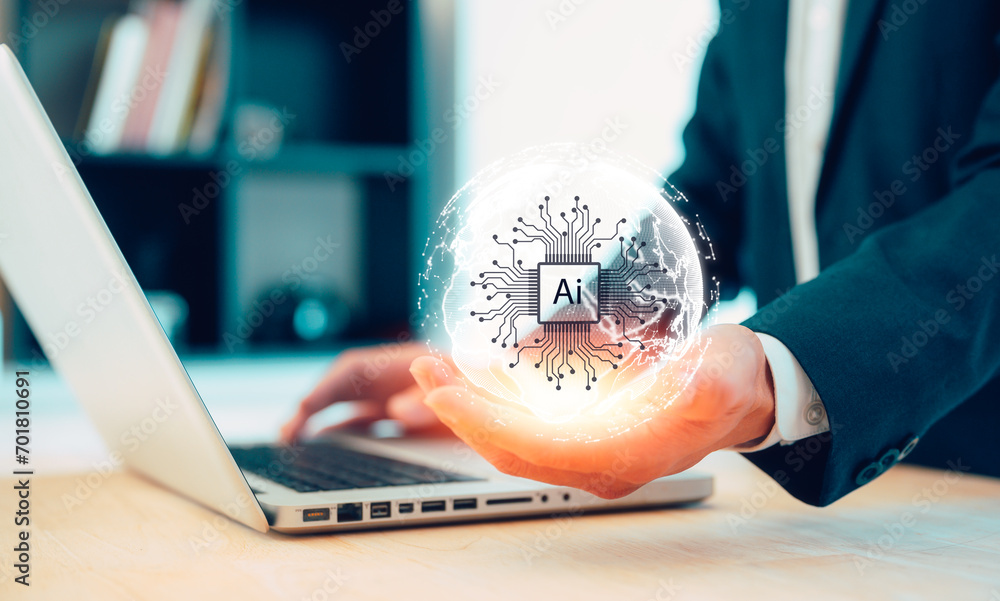 Poster artificial intelligence ai technology and digital transformation concept, businessman working with c