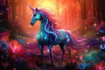 Obraz na płótnie Canvas Magic fairy tale unicorn in the forest. Digital painting. 3D rendering, AI Generated