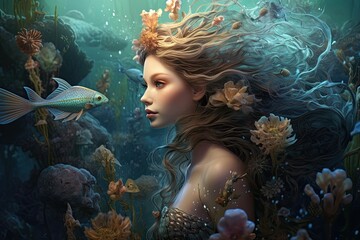 Obraz na płótnie Canvas Beautiful mermaid in underwater world. Fantasy illustration. 3D rendering, AI Generated