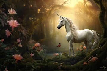 Obraz na płótnie Canvas Unicorn in the magic forest. Fairytale scene. 3D rendering, AI Generated