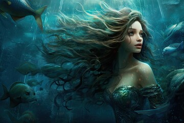 Beautiful mermaid in underwater world. Fantasy and imagination. 3D rendering, AI Generated