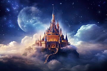 Fantasy castle in the clouds. Fairytale landscape. 3D rendering, AI Generated