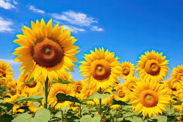 Sunflower field over cloudy blue sky background, Helianthus annuus, AI Generated