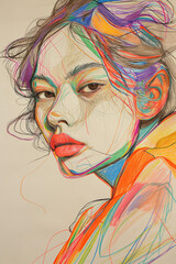 Asian Woman in Artistic Pose with Rainbow-Colored Hair and Abstract Background