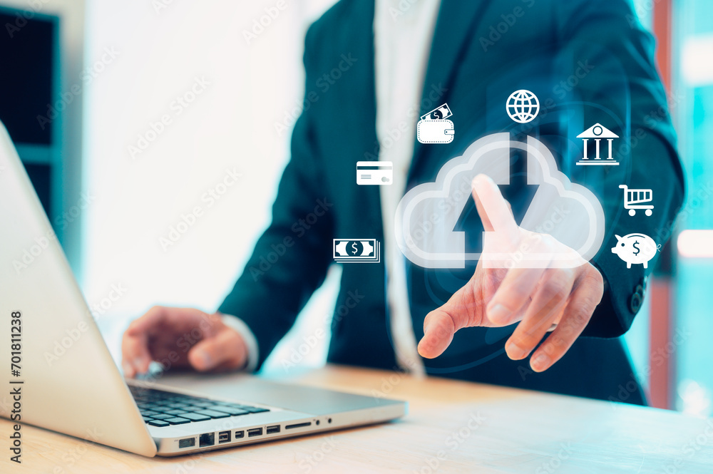 Aufkleber cloud technology. data storage, data transfer, networking and internet service concept businessman w