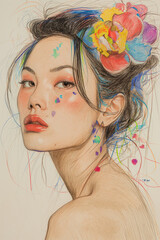 Artistic Asian Female Portrait with Colorful Floral Hair Accents