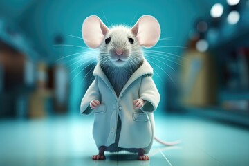 A toy mouse dressed in a robe on a table. Scientist in research laboratory.