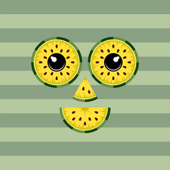 Cheerful smiling face made from slices of juicy yellow watermelon. Isolated vector object.