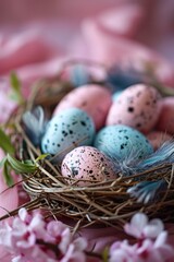 Naklejka na ściany i meble Easter eggs in a nest with feathers on a pink background.