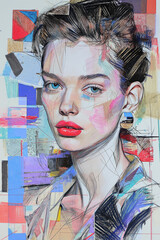 Abstract Art Portrait of Asian Woman with Colorful Geometric Shapes