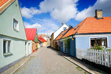 Colorful houses in Ystad, Sweden - 701811426