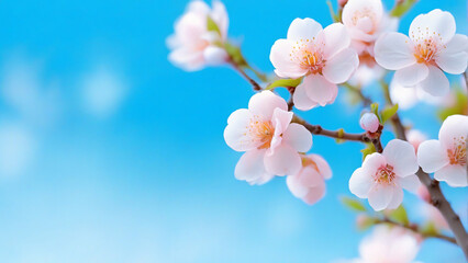 Japan Sakura Spring of Nature. Branches of Blossoming Apricot Macro with Soft Focus on Gentle Light Blue Sky Background.
