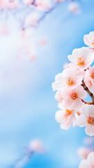 Fototapeta na wymiar Japan Sakura Spring of Nature. Branches of Blossoming Apricot Macro with Soft Focus on Gentle Light Blue Sky Background.