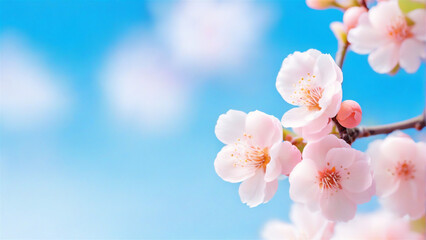 Japan Sakura Spring of Nature. Branches of Blossoming Apricot Macro with Soft Focus on Gentle Light Blue Sky Background.
