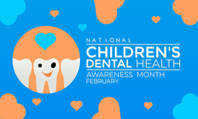 National Children s Dental Health Month . That ,s day awareness Protecting teeth and promoting good health, prevention of dental caries in children. Vector illustration. Banner, poster, card .