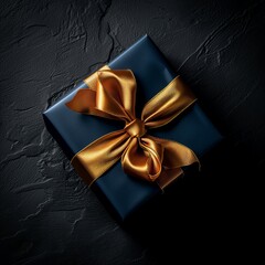 Gift box with gold ribbon on black background. Top view.