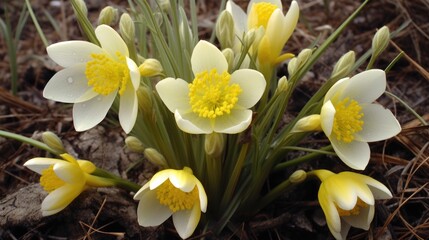 Fototapeta premium A close up of a bunch of flowers in the dirt., winter or early spring flowers