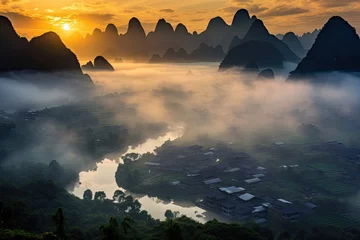 Photo sur Plexiglas Guilin China Guilin Yangshuo landscape scenery at sunrise with fog, AI Generated