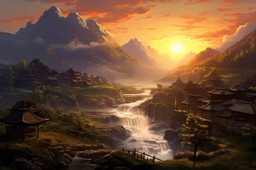 Cercles muraux Guilin Fantasy Landscape with a waterfall in the mountains at sunset, AI Generated
