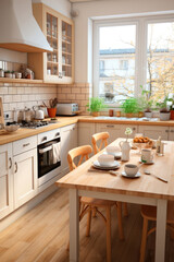 Interior of a small Scandinavian kitchen with a wooden table