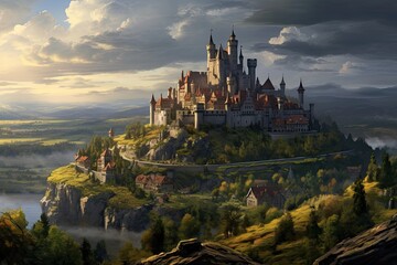 Fantasy landscape with castle on the hill. 3D render, AI Generated - Powered by Adobe