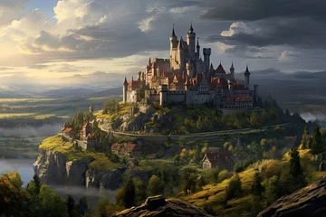 Fotobehang Fantasy landscape with castle on the hill. 3D render, AI Generated © Iftikhar alam