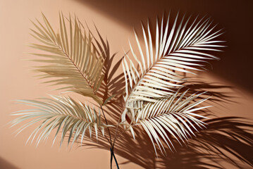 Palm branches on orange wall in room with shadows on the wall from sunlight from the window