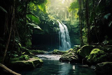 Tropical waterfall in rainforest. Waterfall in rainforest, AI Generated - obrazy, fototapety, plakaty