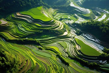Aerial view of green rice terraces in Mu Cang Chai, YenBai, Vietnam, AI Generated