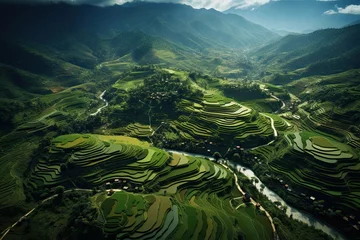 Deurstickers Rijstvelden Aerial view of terraced rice field in Sapa, Vietnam, AI Generated