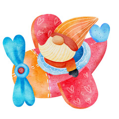 A gnome flies through the sky in a heart-shaped airplane