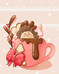 Valentine's day cute and lovely illustration for love card. Hedgehog in a warm chocolate cup with marshmallow and biscuits. Kawaii pink background with lace