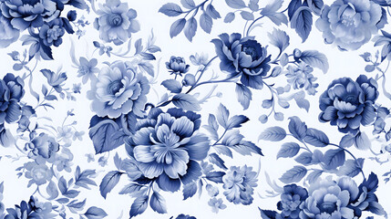 patron floral en tinta azul con fondo blanco  - obrazy, fototapety, plakaty