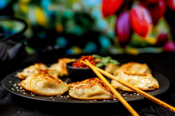 Chinese cuisine fried large dumplings on a black dish, hot sauce and basil, chopsticks.