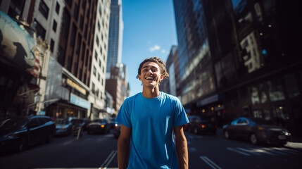portrait of a young Latino man with long hair, blue t-shirt in the middle of a street with buildings