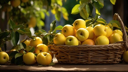 Yellow apples fill basket with rustic charm.