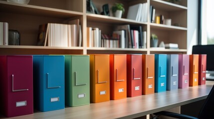 Colorful office binders line up neatly on desk. - obrazy, fototapety, plakaty