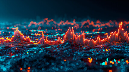 digital landscape with peaks and valleys in red and blue lights, resembling a stock market chart