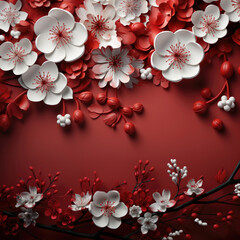 Flat lay frame of cherry blossoms on a red background. Chinese New Year Concept