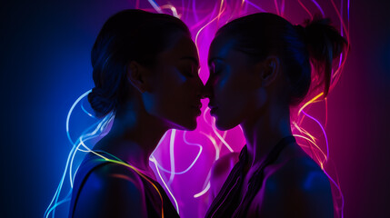 Two women with their foreheads touching gently, surrounded by glowing neon lights, isolated on a dark background.