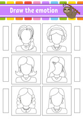 Draw the emotion. Worksheet complete the face. Coloring book for kids. Cheerful character. Vector illustration. Black contour silhouette. Vector illustration.