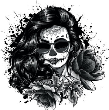 monochromatic skull girl with water lily flower.