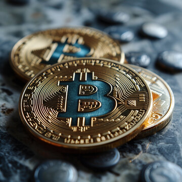 Bitcoins on blue background, criptomoney