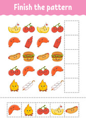 Finish the pattern. Cut and play. Education developing worksheet. Activity page. cartoon character. Vector illustration.