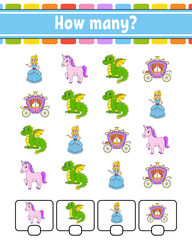 Counting game for children. Happy characters. Learning mathematics. How many object in the picture. Education worksheet. With space for answers. Vector illustration.