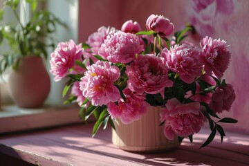 Fototapeta na wymiar Bouquet of pink peonies in a vase on the window