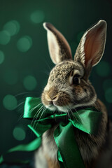 Rabbit with a green bow, St. Patrick's day theme.