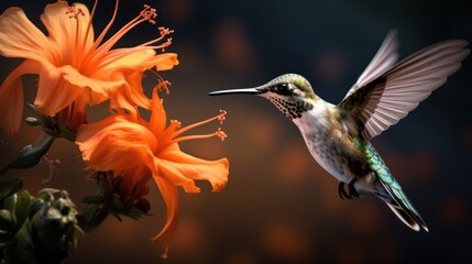 Hummingbird hovers near blooming orange flower.
