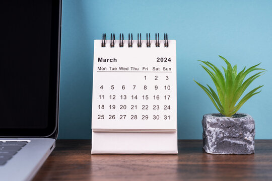 March 2024 desk calendar and potted plant