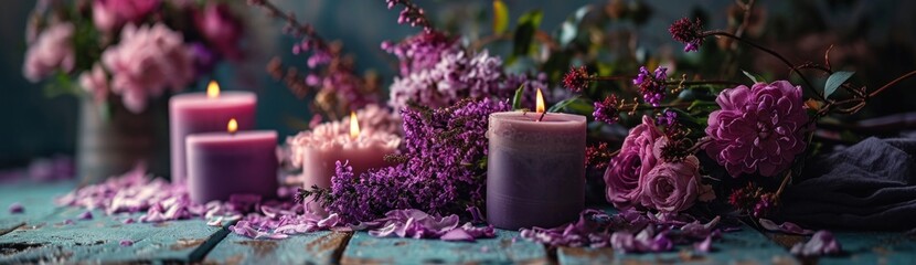 Beautiful spa composition with lilac flowers and candles on wooden background